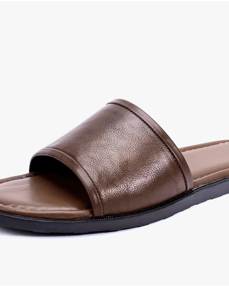 Roman Style Mens Open Toe Sandal Slippers Real Leather Flat Shoes Summer Outdoor