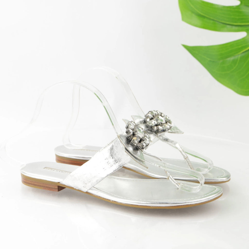 Vera Wang Lavender Women's Willa Sandal Size 7 Thong Slide Silver Big Rhinestone