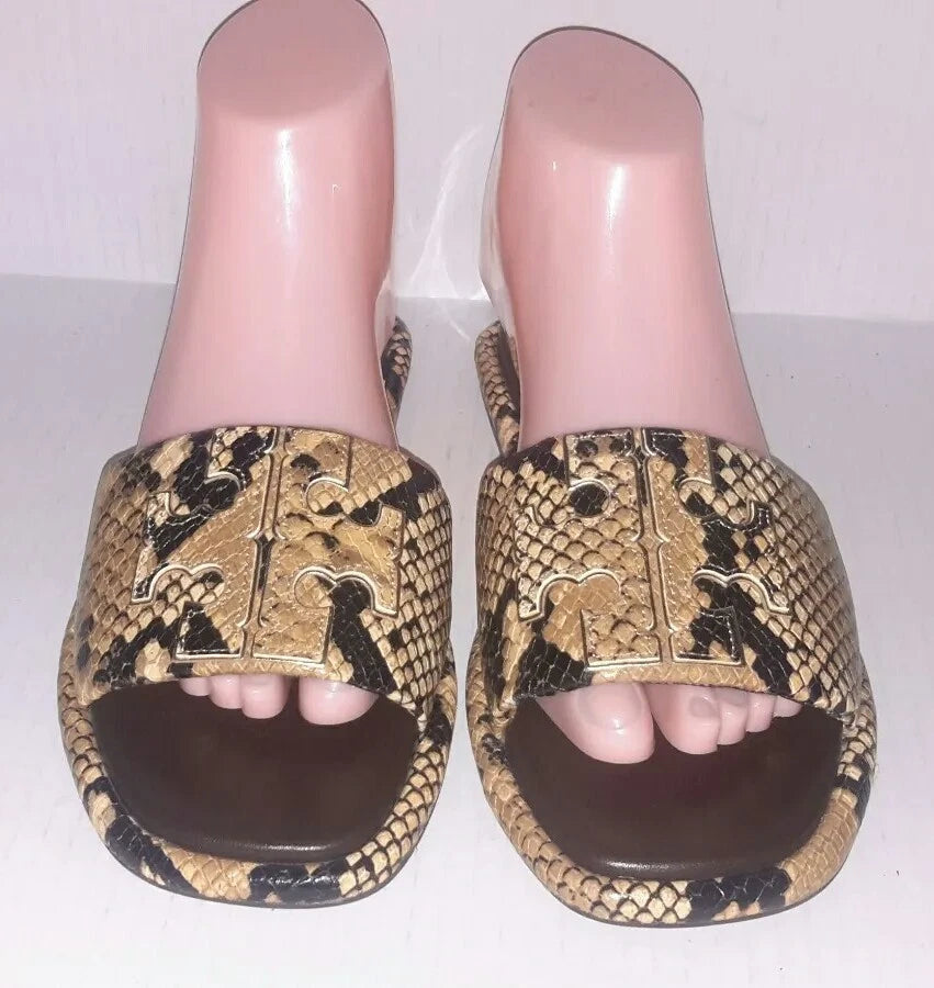 TORY BURCH DOUBLE T SPORT SLIDE snake-print leather Sandals Size 7.5