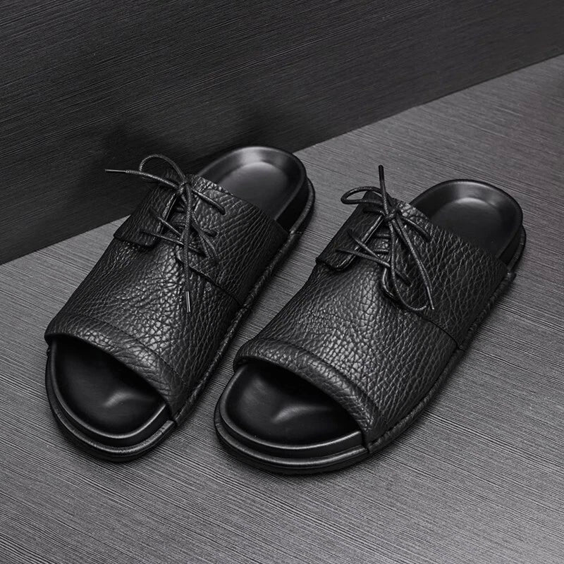 Men's Real Leather Slippers Open Toe Sandals Slides Lace Up Flat Comfort Casual