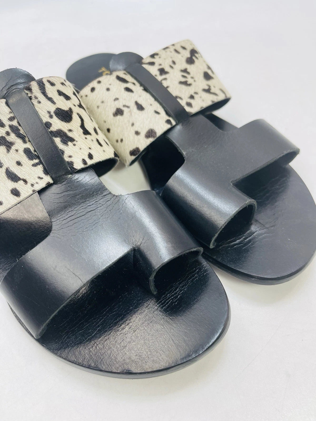 Torgeis New York Sz 7 Epona Slide Sandals Black Leather Pony Calf Hair #FEI1059