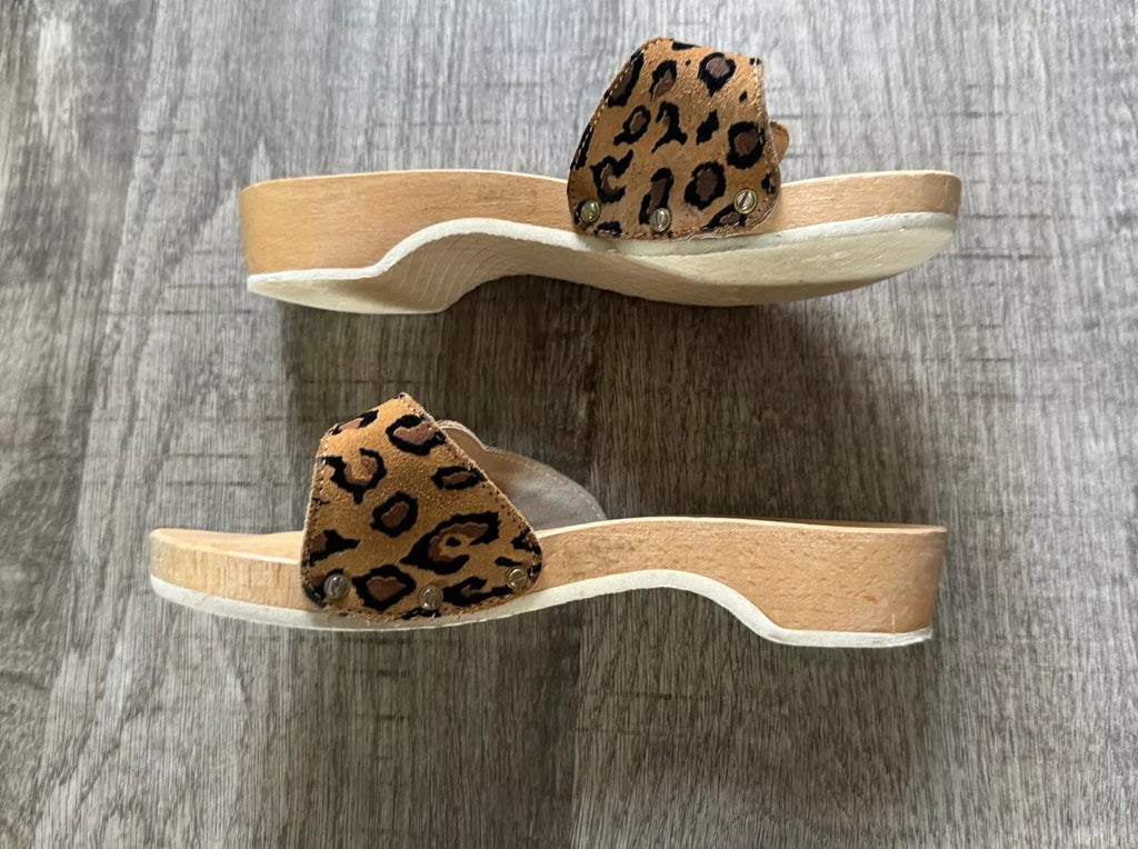 VTG Dr Scholl's Leopard Animal Wood Exercise Sandals Size 6 Made in Italy
