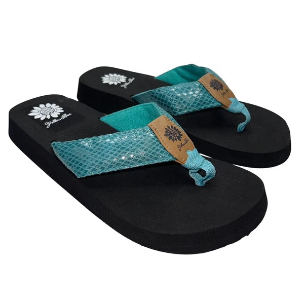 Yellow Box Flip Flops Teal Shiny Snakeskin Embossed Shimmer Wedge Sandal Faya