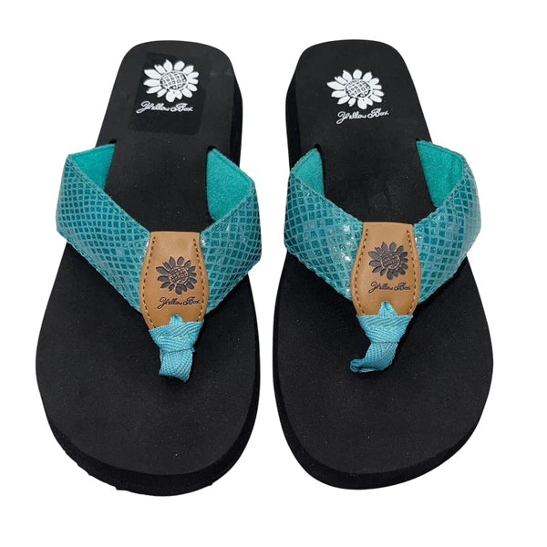 Yellow Box Flip Flops Teal Shiny Snakeskin Embossed Shimmer Wedge Sandal Faya