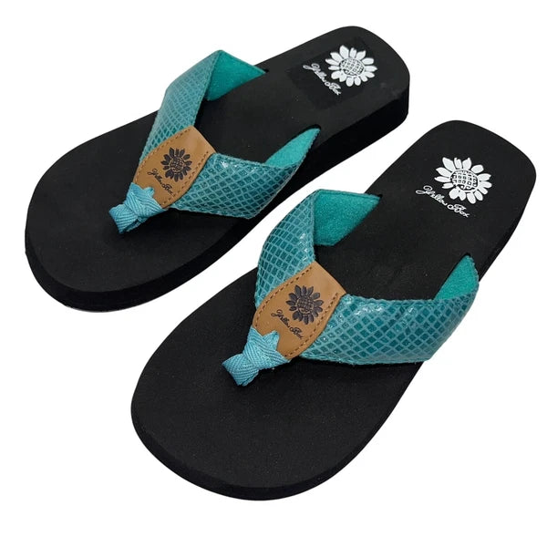 Yellow Box Flip Flops Teal Shiny Snakeskin Embossed Shimmer Wedge Sandal Faya