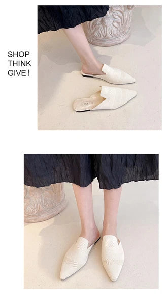 Summer Women Knitted Slides New Elegant Mesh Breathable Med Heel Slippers Slides