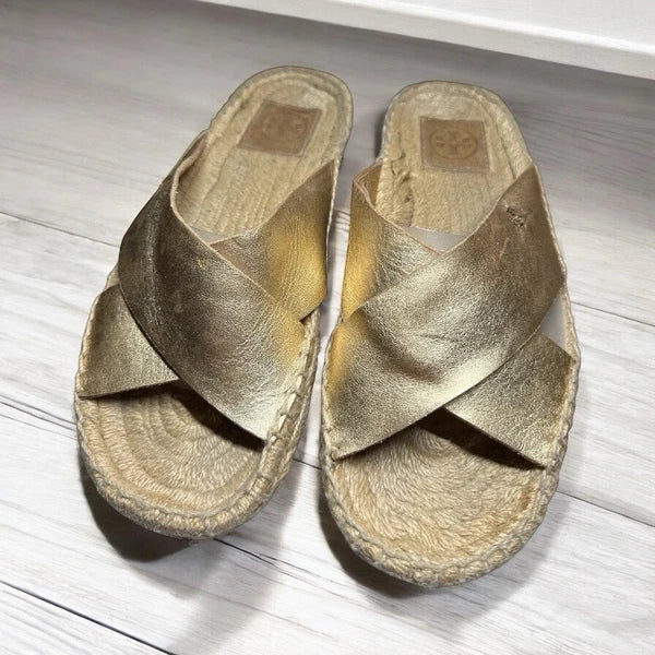 Tory Burch Sz 6.5 Bima Gold Metallic Leather Espadrille Sandals Slides Flats