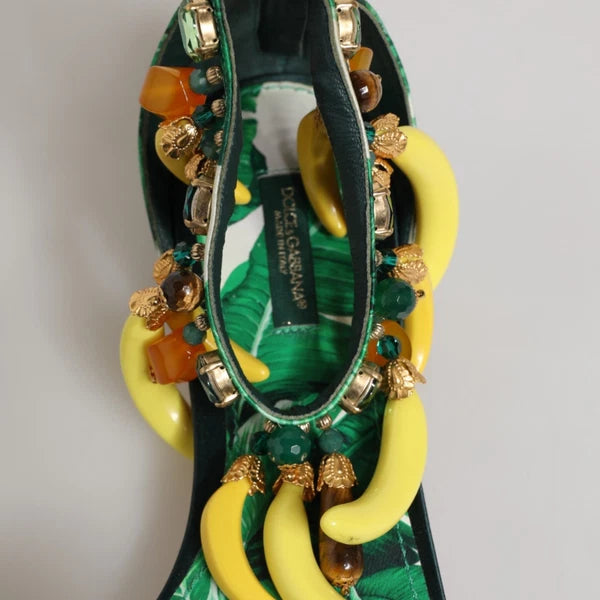 DOLCE & GABBANA Shoes Green Mink Fur Satin Banana Leaf Sandals EU36.5/US6 $1500