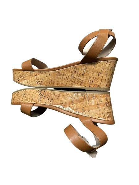 Stuart Weitzman Avenue 65 Platform Wedge Sandal Almond Tan Leather Cork Sz 8.5
