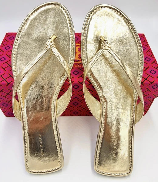 TORY BURCH CLASSIC FLIP FLOP CRINKLE METALLIC LEATHER SPARK GOLD SZ US 10 NIB