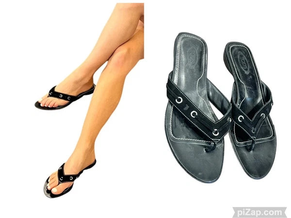 WOMEN'S TOD'S BLACK SUEDE THONGS FLIP FLOP SLIP ON SLIDES SANDALS GROMMET 8