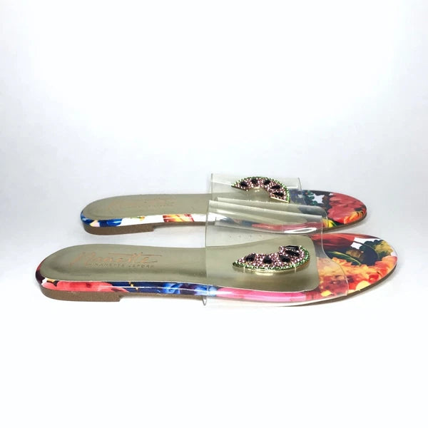 Nanette Lepore Women's Sandals Jeweled Transparent Watermelon Floral Sz 8M