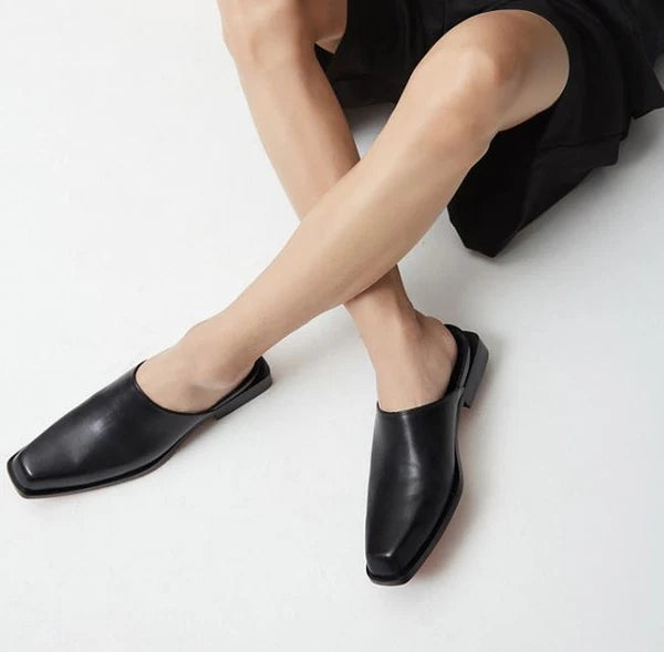 Men's Square Toe Genuine Leather Slippers Fashion Casual Mules Slides Shoes