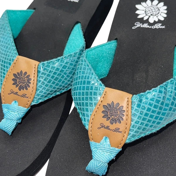 Yellow Box Flip Flops Teal Shiny Snakeskin Embossed Shimmer Wedge Sandal Faya