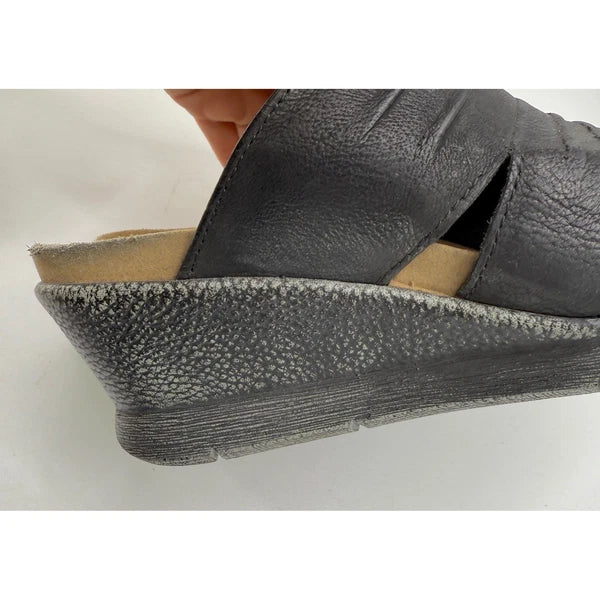 Romika Black Leather Wedge Sandals Slides Casual Comfort Summer Womens Size 40