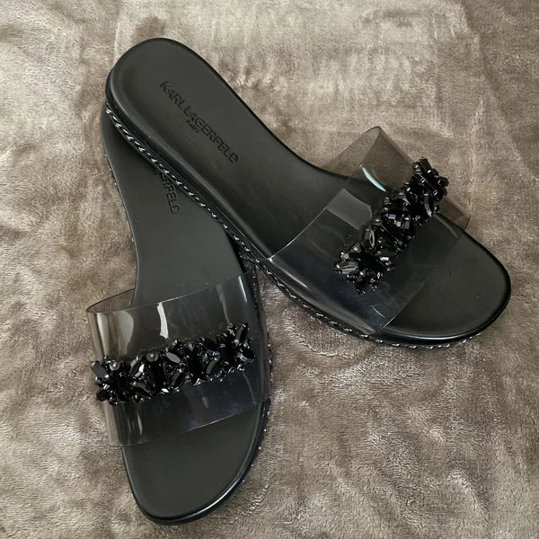 Resort Wear Slip On Vacay Beach Karl Lagerfeld Paris Sandal 9.5 Black Clear Top
