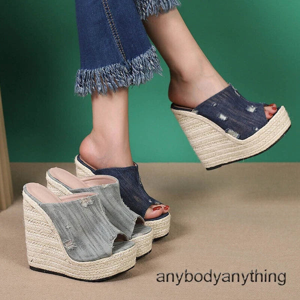 Women's Super High Hemp Rope Weaving Wedge Heel Slippers Denim Jeans Ripped Mule
