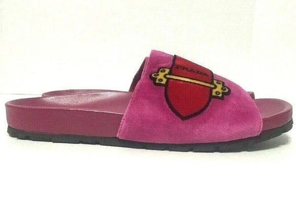 Prada Slides Sandals Slip On Belt Pink Velvet Womens Size EU37.5/US7-7.5