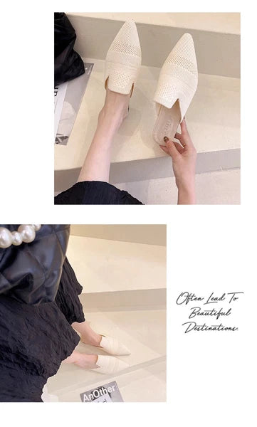 Summer Women Knitted Slides New Elegant Mesh Breathable Med Heel Slippers Slides