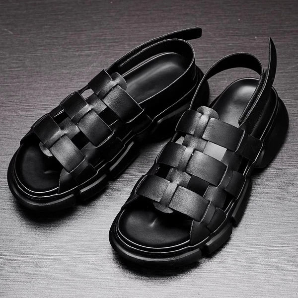 2025 Summer Men's Roman Real Leather Sandals Platform Open Toe Flat Shoes Casual