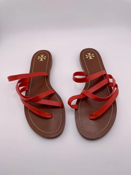 Tory Burch Patos Strappy Flats Slides in Samba Red Vachetta Leather Size 8.5