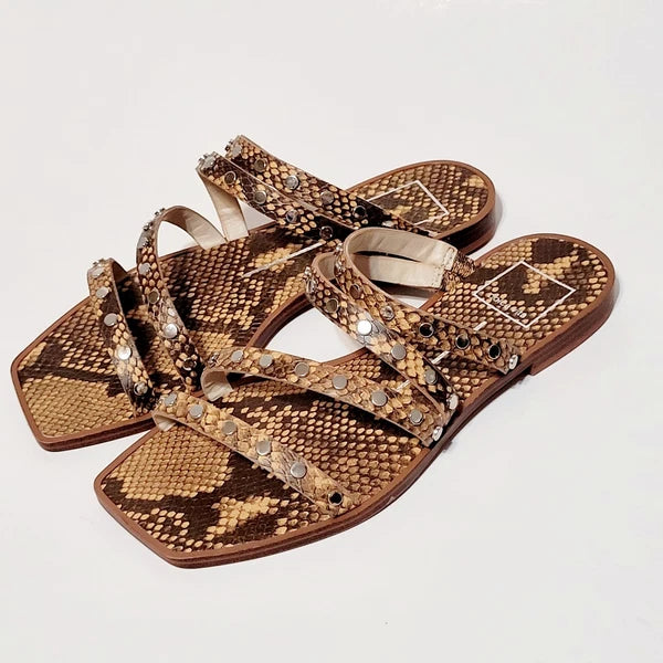 Dolce Vita Izabel Stud Mango Snake Print Square Toe Flat Slide Sandals Wms 6.5M