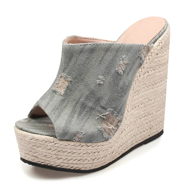 Women's Super High Hemp Rope Weaving Wedge Heel Slippers Denim Jeans Ripped Mule