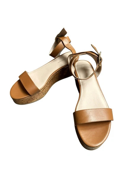 Stuart Weitzman Avenue 65 Platform Wedge Sandal Almond Tan Leather Cork Sz 8.5