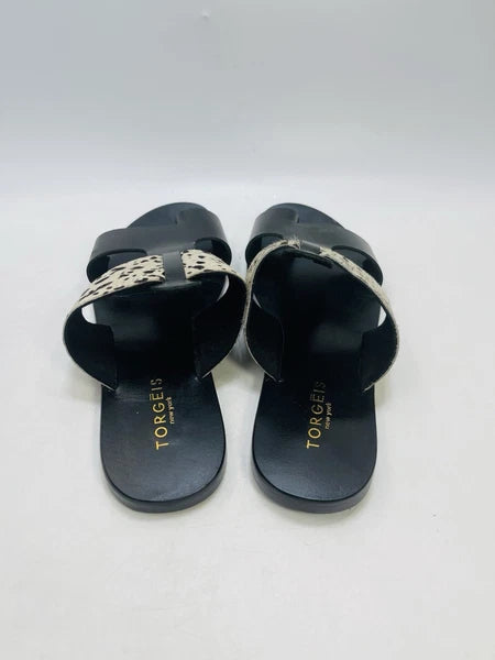Torgeis New York Sz 7 Epona Slide Sandals Black Leather Pony Calf Hair #FEI1059