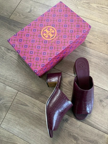 TORY BURCH MARTINE  croco emboss slide sandal Burgundy Claret 7.5 C MSRP $406
