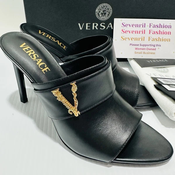 Versace Virtus Leather Open Toe Mule Heel Sandal Black Gold Size 38/8 NIB $900
