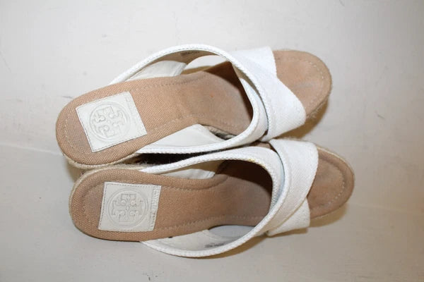 Tory Burch Wedge Kristen Sandal Wedge Heel Sz 8 M Gold Signature Logo White