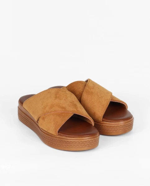 Women's Casual Suede Crossover Open Toe High Platform Mule Sandals / Sliders