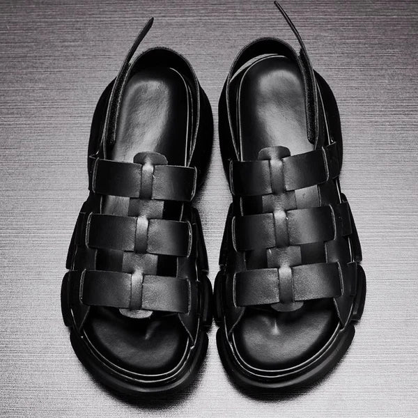 2025 Summer Men's Roman Real Leather Sandals Platform Open Toe Flat Shoes Casual