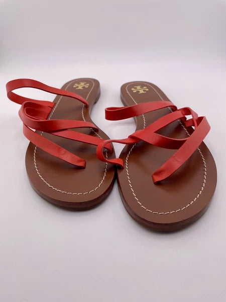Tory Burch Patos Strappy Flats Slides in Samba Red Vachetta Leather Size 8.5