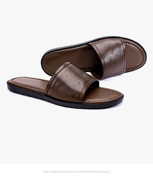 Roman Style Mens Open Toe Sandal Slippers Real Leather Flat Shoes Summer Outdoor