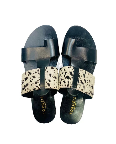 Torgeis New York Sz 7 Epona Slide Sandals Black Leather Pony Calf Hair #FEI1059