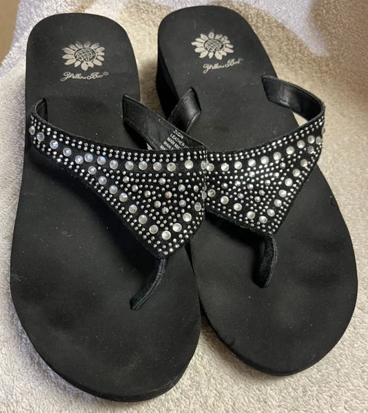 Yellow Box-style Desiree- Black Sequin Thong Flip Flops Womans Size 9
