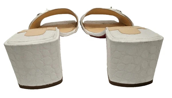 CHRISTIAN LOUBOUTIN White Calfskin Crocodile Embossed Lock Art 55 Slides - 37.5
