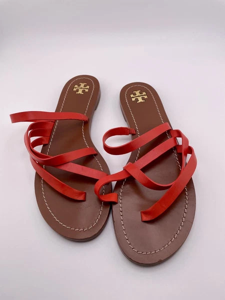Tory Burch Patos Strappy Flats Slides in Samba Red Vachetta Leather Size 8.5