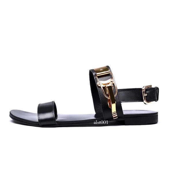 Open Toe Sandals Slingback Metal Trim Casual Real Leather Mens Shoes Roman Style