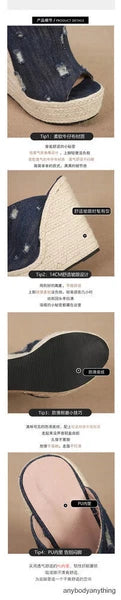 Women's Super High Hemp Rope Weaving Wedge Heel Slippers Denim Jeans Ripped Mule