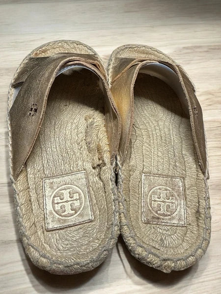 Tory Burch Sz 6.5 Bima Gold Metallic Leather Espadrille Sandals Slides Flats