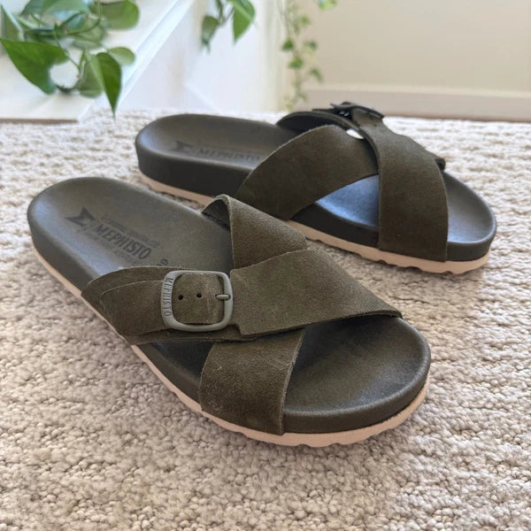 Mephisto KENNIE LODEN Suede Leather Criss Cross Buckle Sandals 9 WOMEN 39