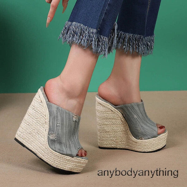 Women's Super High Hemp Rope Weaving Wedge Heel Slippers Denim Jeans Ripped Mule