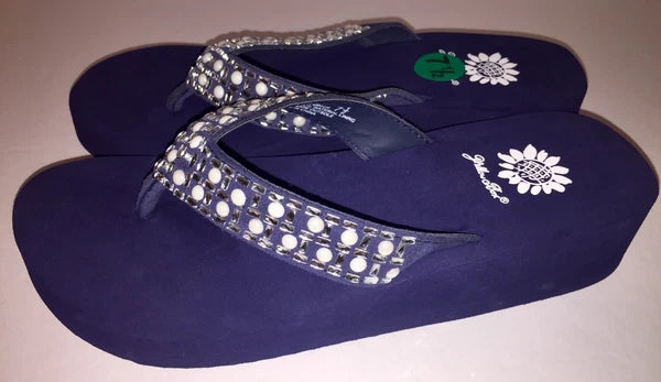 Yellow Box Flip Flops Sandals Women's Touch Wedge Pearl Jeweled Blue Black NWT