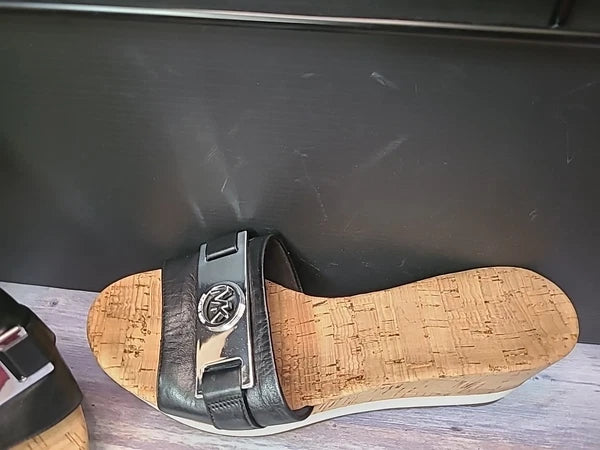 Michael Kors Warren Platform Sandal 8.5M Black Wedge Shoe Cork Open Toe Slide