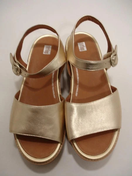 Womens 11 M FitFlop Eloise Platino Metallic Gold Cork-Wrap Leather Wedge Sandals