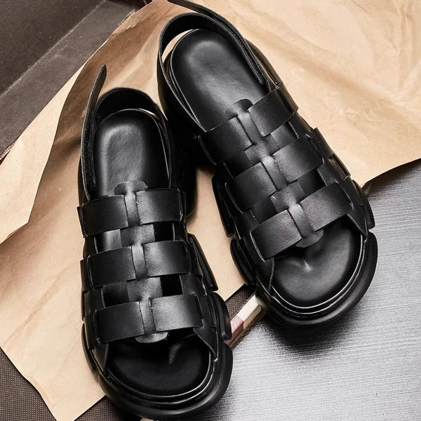 2025 Summer Men's Roman Real Leather Sandals Platform Open Toe Flat Shoes Casual