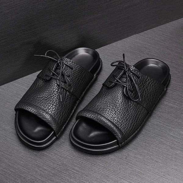 Men's Real Leather Slippers Open Toe Sandals Slides Lace Up Flat Comfort Casual